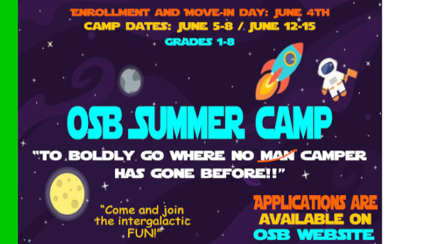Summer Camp Flyer with clipart of astronaut, moon, and rocket in Outerspace background