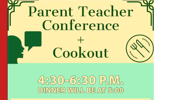 OSB Cookout flyer with green person with chat bubble in left corner and fork, knife, and plate in right corner 