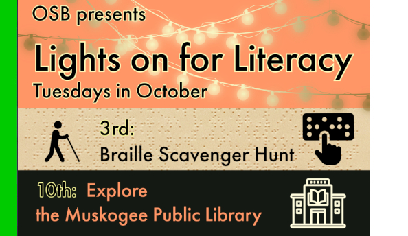 Lights for Literacy flyer with lights as background. It has icons of a person with a cane on the left, school icon on the right, and ghost icon in the bottom left. There is a picture of a fall leaf in the bottom left of the flyer. 