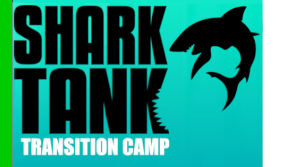 Transition Camp flyer with shark clip art right of text